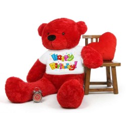 Red 5 feet Big Teddy Bear wearing a Happy Birthday T-shirt